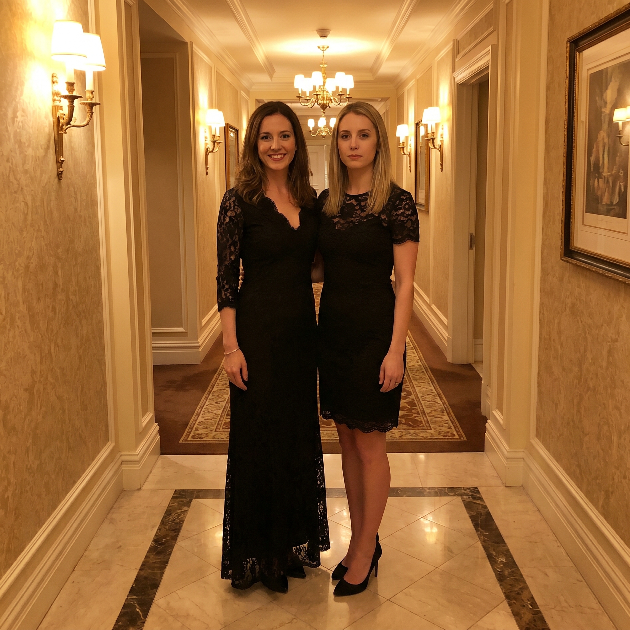 Lili & Molly – Private Escort Damen in elegantem Hotelkorridor in der Schweiz